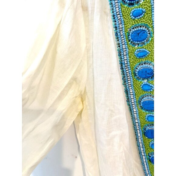 Elizabeth Hurley Beach White Swim Cover Tunic Blue Green Beads Small - Picture 4 of 9
